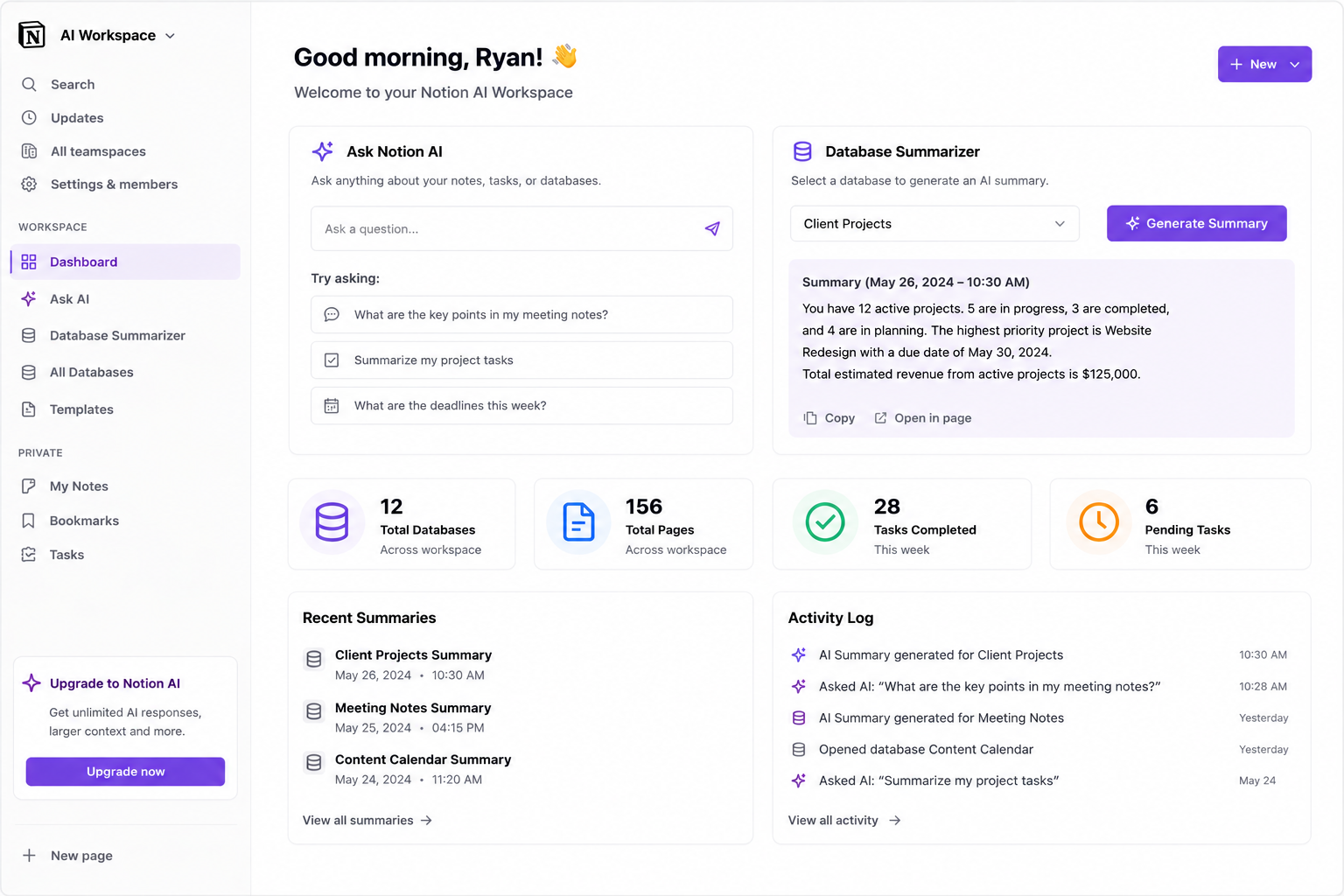 Notion AI workspace with Ask Notion AI and database summarizer panels