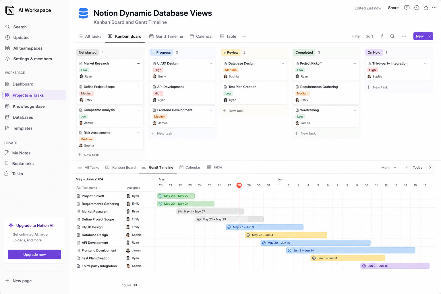 Notion database showing Kanban board and Gantt timeline views